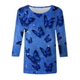 thumbnail image 4 of Trendfront Womens Butterfly Print T Shirts Crewneck 3/4 Sleeve Blue Graphic Curved Hem Casual Tee Tops for Women, 4 of 4