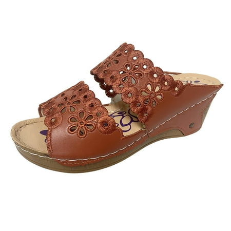 

Mackneog Ladies Solid Color Flower Embroidered Cutout Platform Wedge Roman Sandals Gift on Clearance
