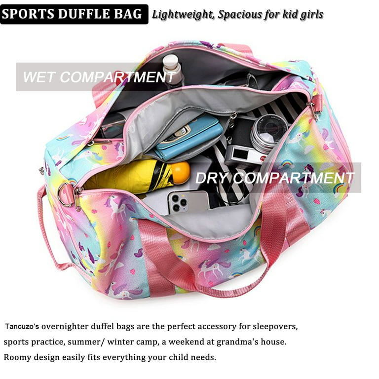 Gym Travel Duffle Bag for Girls - Gymnastics Sports Dance Bag with Shoe  Compartment & Wet Pocket Rainbow Kids Travel Bag Teens Weekender Sleepover