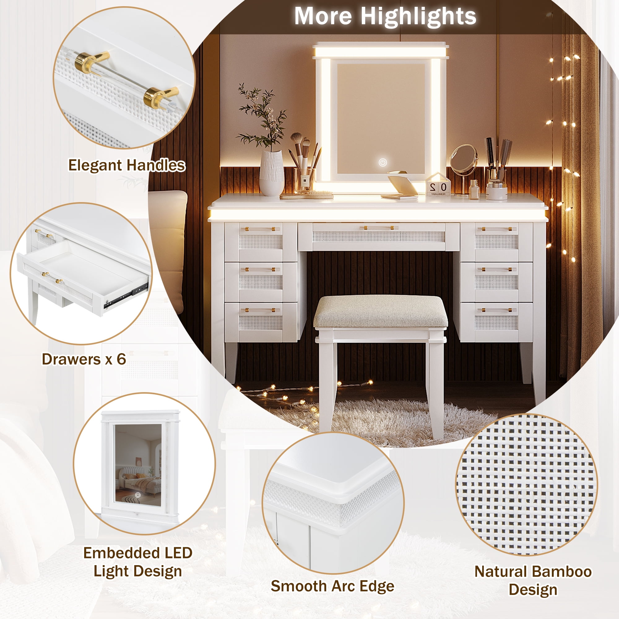 Mintazer Vanity Set with Mirror & Lights, Dressing Table with 7 Drawers and Stool, Makeup Vanity Desk with Hollow Design Drawer for Bedroom, White
