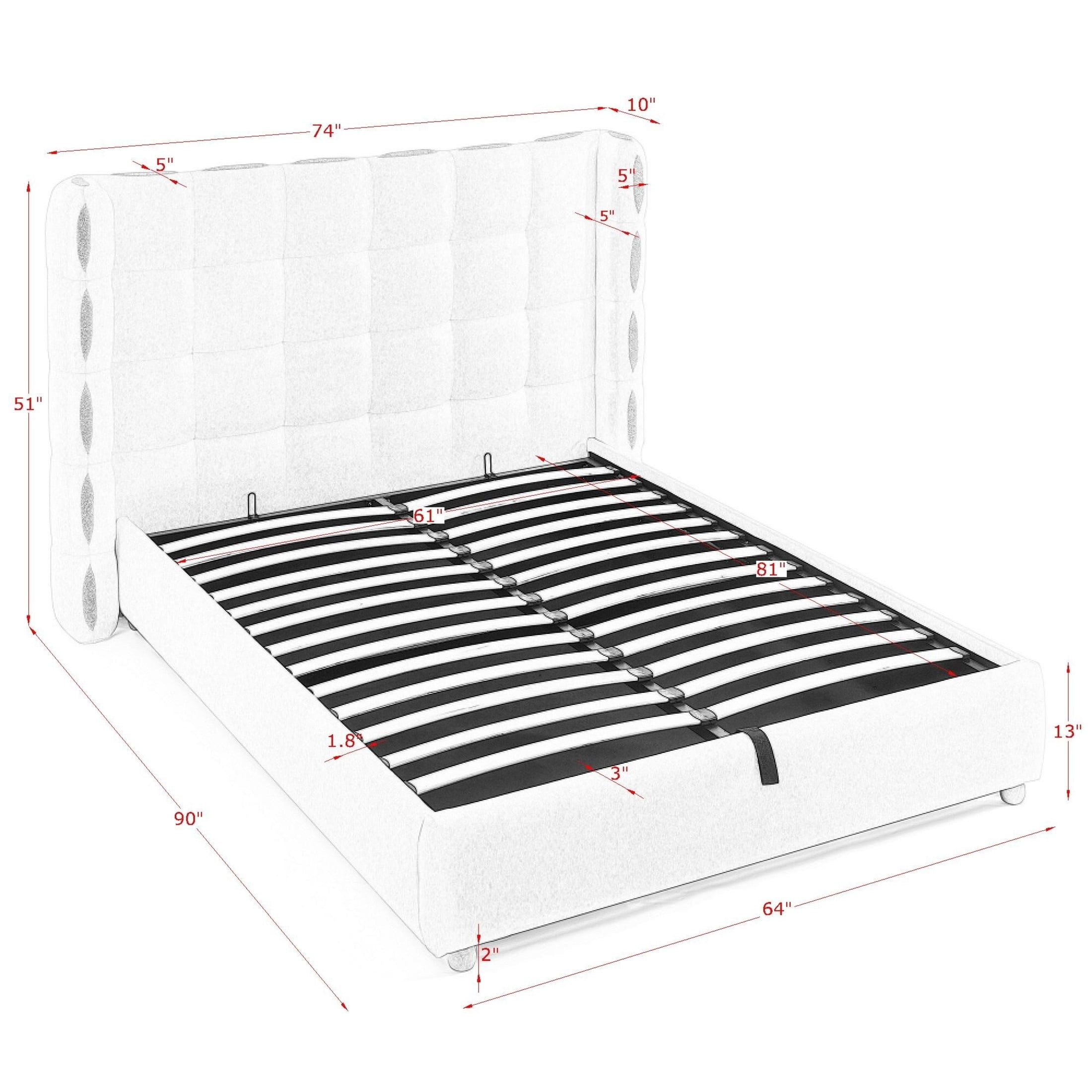 Noble House Elite Queen Size Upholstered Platform Bed with Removable Chenille Wingback and Under-Bed Storage, White