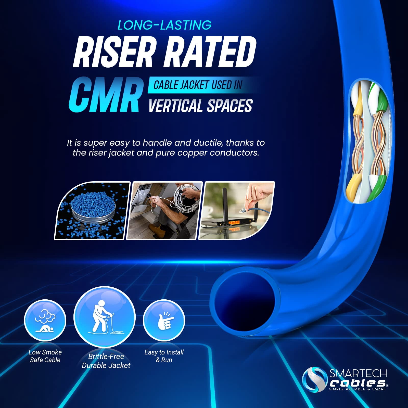 1000ft Cat6A Riser Ethernet Cable, Pure Copper CMR Rated, 23AWG UTP, 750MHz | Commercial Installations & Gaming - Blue