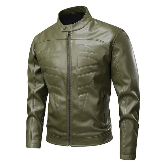 HOOMEUMY Men's Stand Collar Leather Jacket Casual Slim Fit Motorcycle Faux Leather Outerwear Windbreaker Coats with Pockets (Green,XXXL)