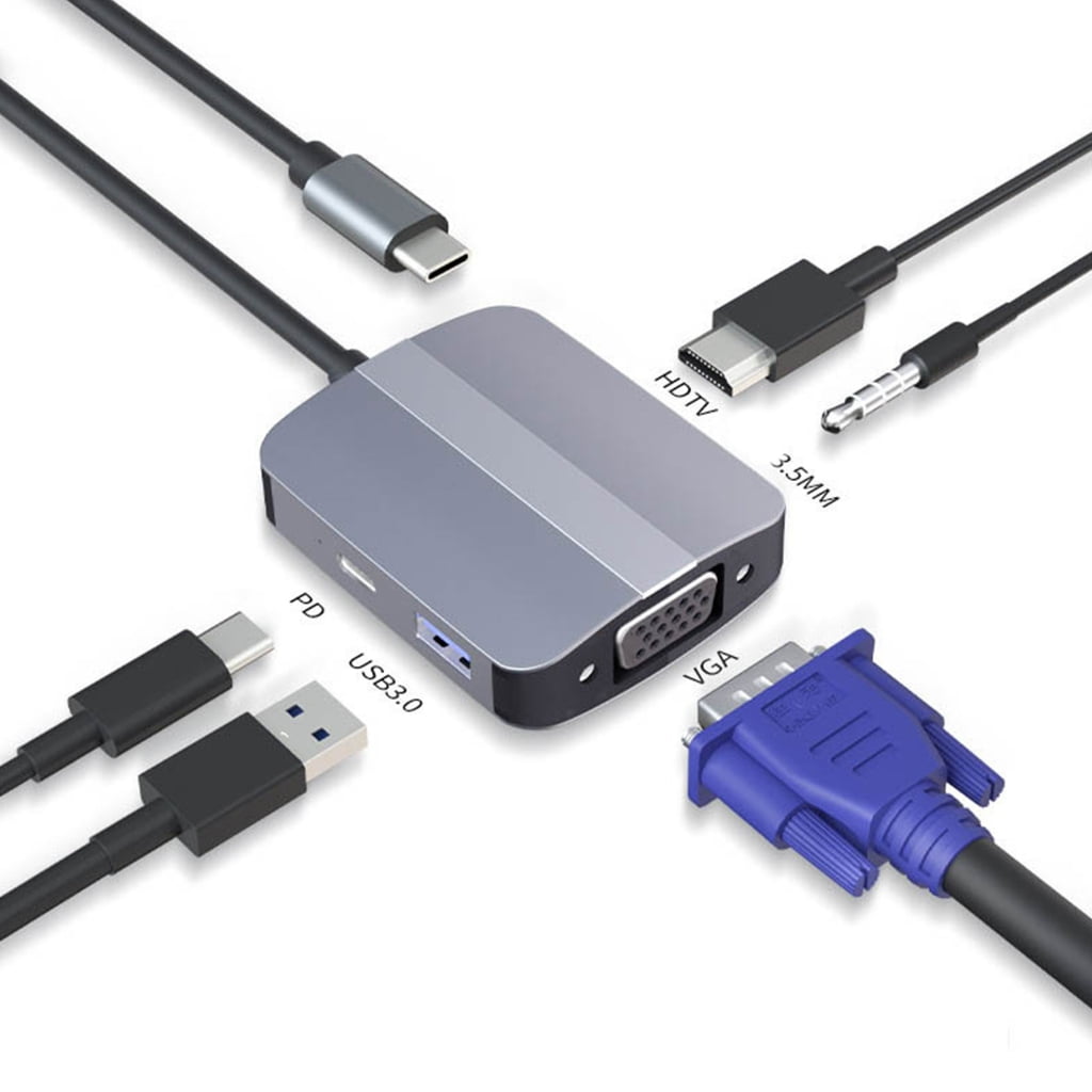 PatungKu 5 in 1 USB C Docking Station Multiport Adapter Multiple Port 3.5mm VGA HDTV