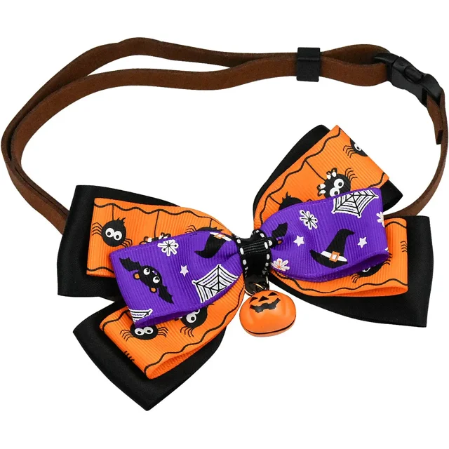 Collar ajustable para mascotas de Halloween, collar con hebilla de Halloween con baberos con pajarita de campana, accesorios para disfraces de mascotas para perros y gatos de Halloween (L 27-35 cm)