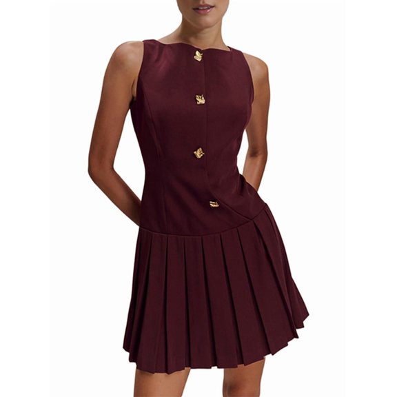 Women Sleeveless Business Work Office Mini Dress Sleeveless Button Formal Short Pleated Dress Wine Red M