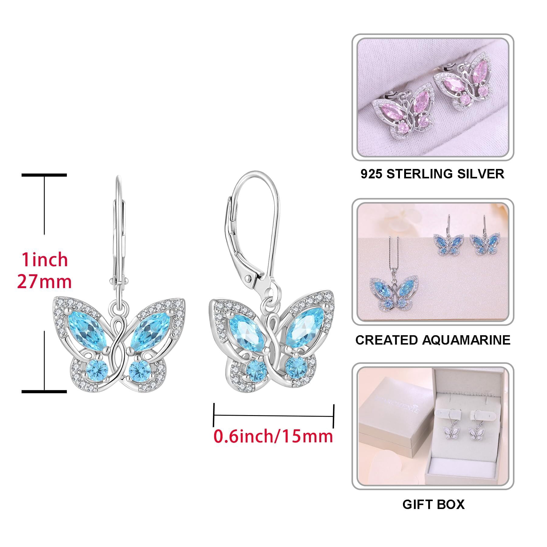 Starchenie Butterfly Earrings for Women 925 Sterling Silver Leverback Earrings Birthstone March Aquamarine Butterfly Jewelry Gifts