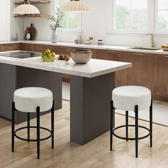 TUAREX Counter Height Bar Stools, Set of 2, 24" Modern Backless Round Bar Stools, Boucle Sherpa Padded Cover, for Kitchen Island, White