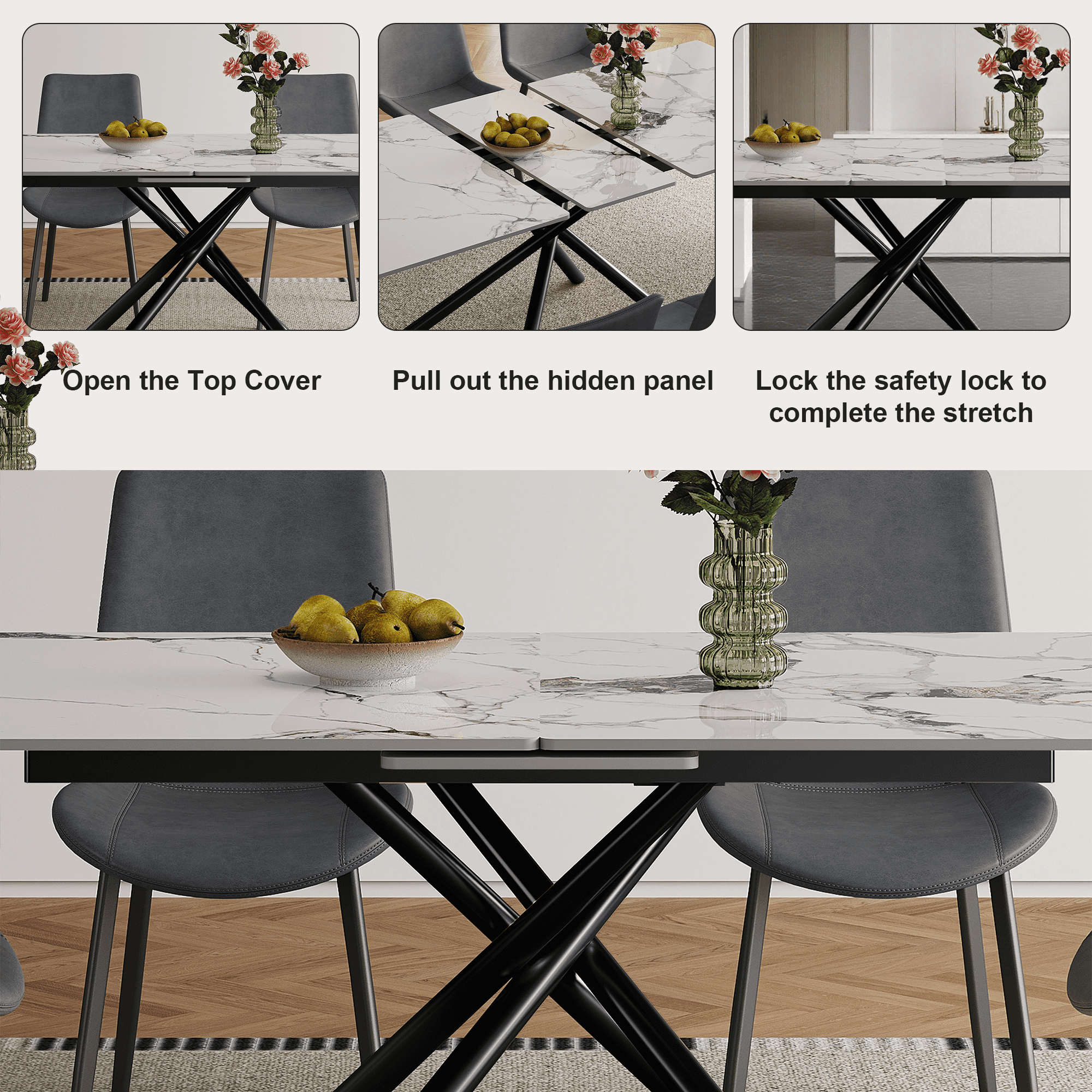 Montary 59-inch Modern Rectangle Expandable Dining Table with Retractable Leaf, Sintered Stone Top & Black Carbon Steel X-Base, Dining Table Set with 8 Gray PU Chairs for Apartments, Kitchen