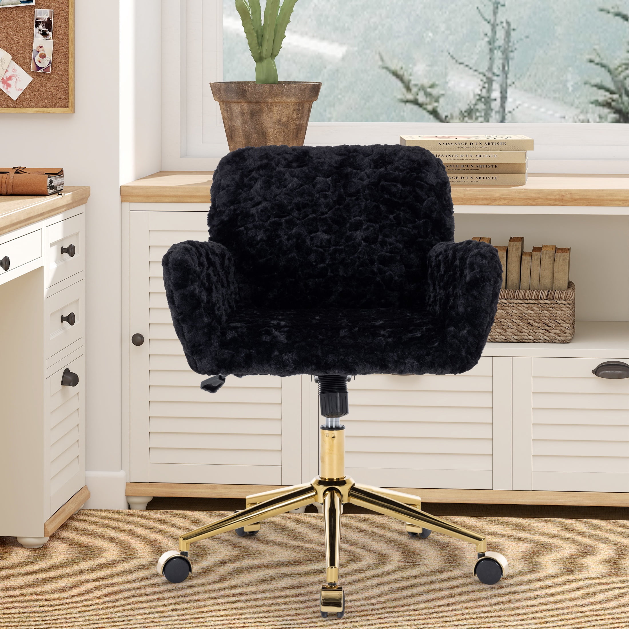 ENYOPRO Office Chair with Chrome Legs, Ergonomic Teddy Desk Chair Vanity Chair with Wheels, Modern Computer Chair for Home Office, Black