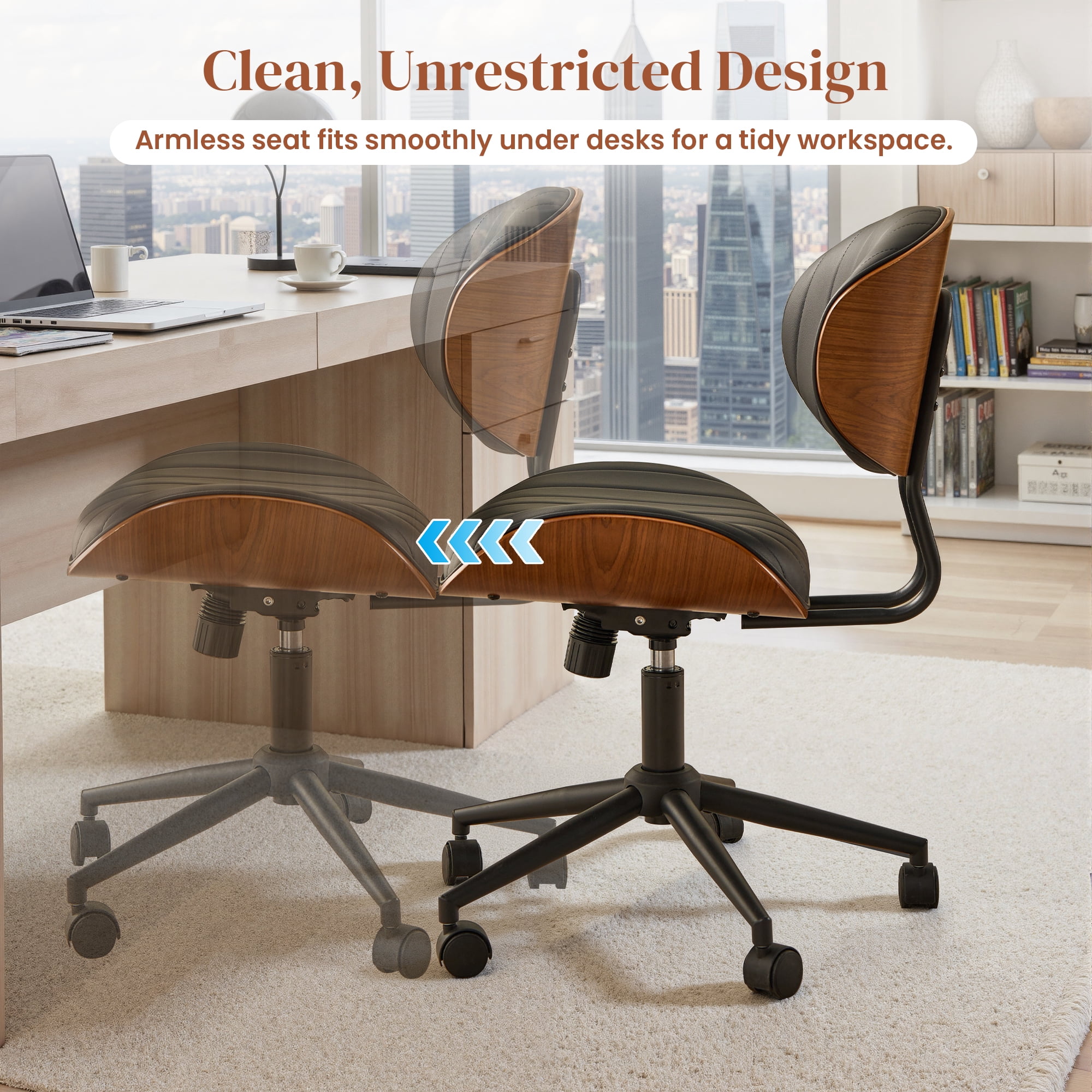 XIZZI Home Office Chair, Armless Mid-Century Ergonomic Desk Chair with 3" Thick Cushion, Premium PU Leather Mid Back 360 Swivel Computer Chair with Walnut Design, Ribbed Black