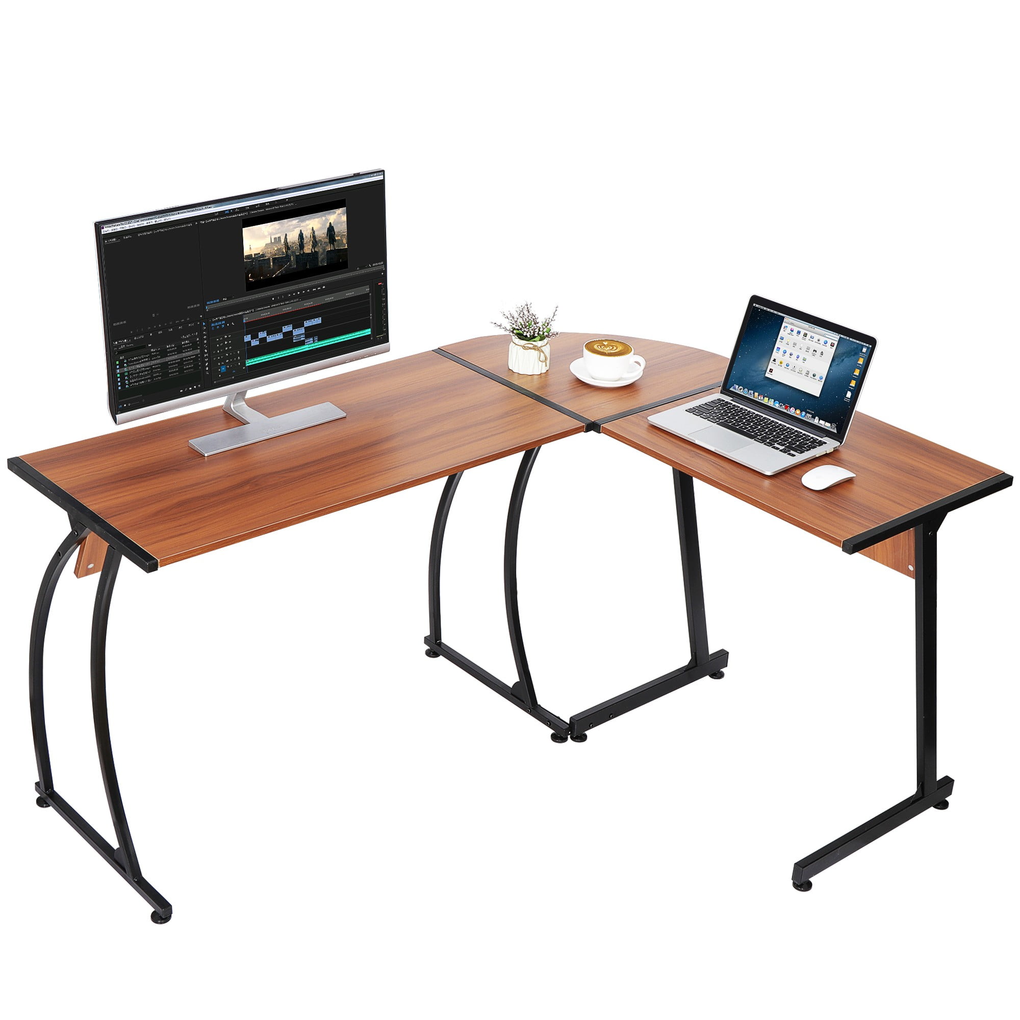 ZENY Modern L-Shaped Computer Desk with Sturdy Metal Frame - Walnut Finish Ergonomic Workstation