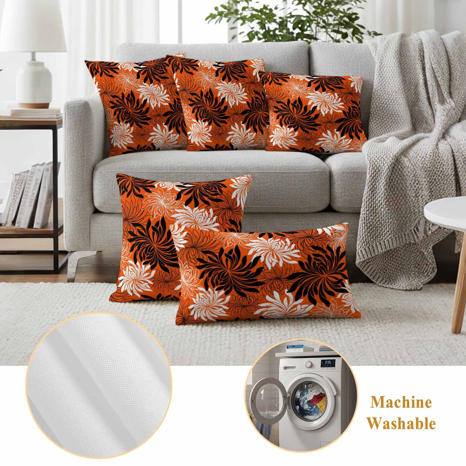 Orange Black Flowers Outdoor Waterproof Throw Pillow Covers 20x20 Set of 2, Modern Abstract Blooms Floral Decorative Pillowcases Cushion Pillowcase for Couch Sofa Patio Outside Pillow Protector
