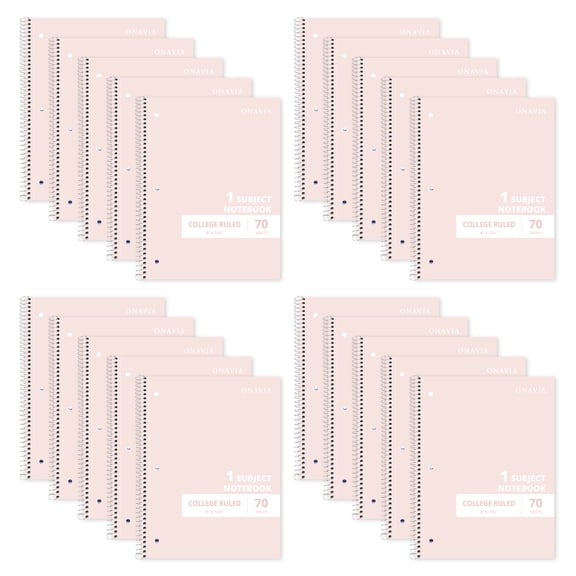ONAVIA Spiral Notebook, College Ruled, 1 Subject Notebook Bulk, 20 Pack, 8" x 10.5", Durable Cardboard Back with 3 Hole Punched Paper for Classroom and Office, 70 Sheets, Pink