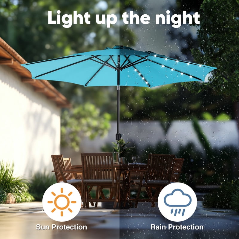 Gianna 10ft Solar Polyester 32 LED Lighted Patio Umbrella with Tilt Adjustment and UV-Resistant Fabric,Lake Blue