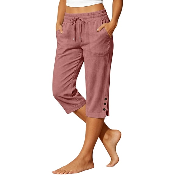 CUSTG Women Leisure Trousers Straight Leg Capri Elastic High Waist Pants With Pockets Summer Beach Loose Fit Easy Movement Holiday Work Pants Women