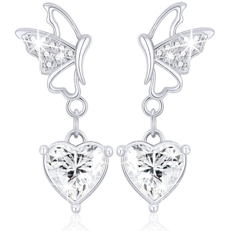 DORANA 18K White Gold Plated Butterfly Heart Drop Earrings for Women Girls S925 Sterling Silver Post April Birthstone Earrings Birthday Jewelry Gifts Teen Mom Kids Her Adults Age Ideas