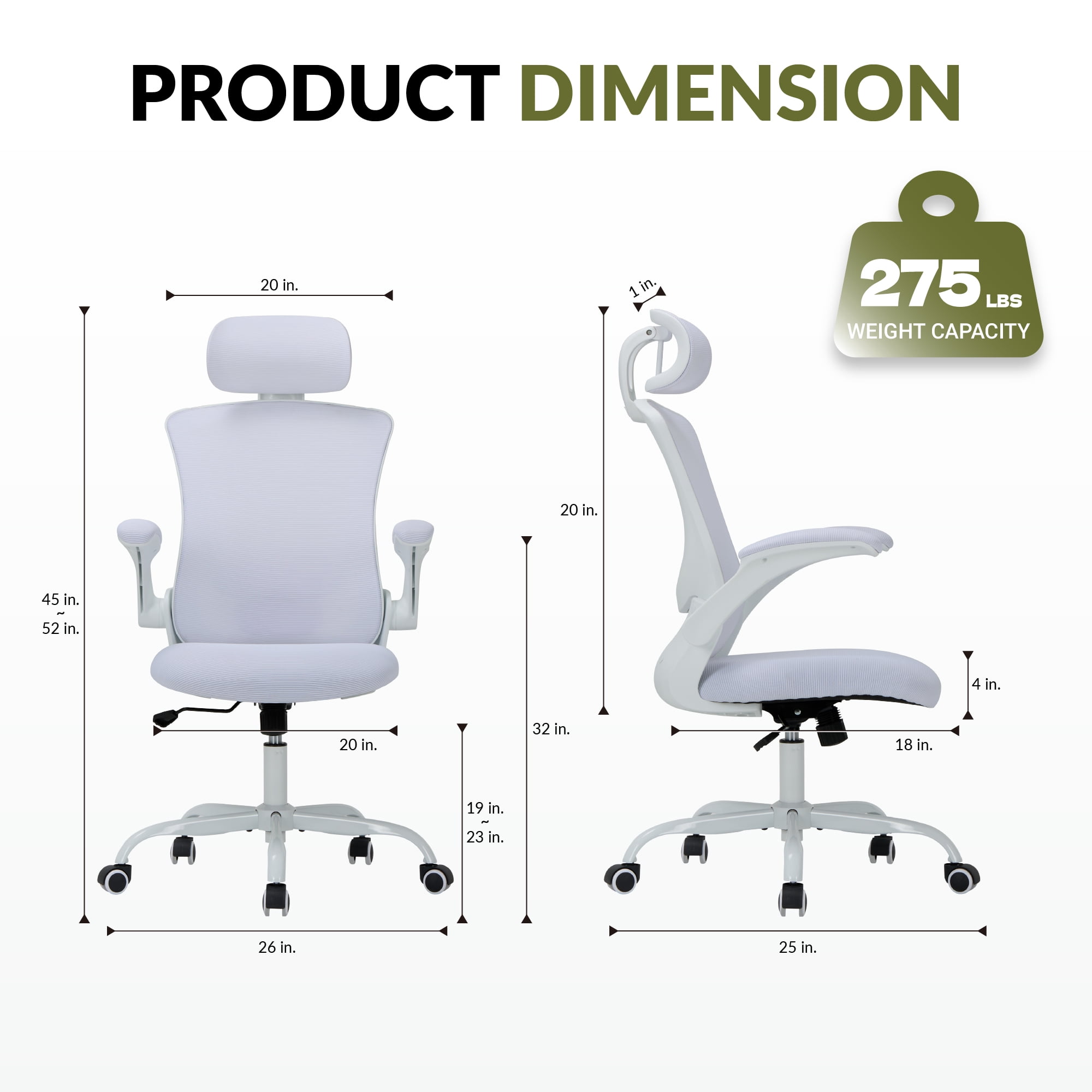 AFO High Back Ergonomic Office Chair, Adjustable Lumbar Support & Headrest Mesh Desk Chair with Flip-Up Arms, 275lbs Heavy Duty Metal Base Computer Task Chair for Home Office, White