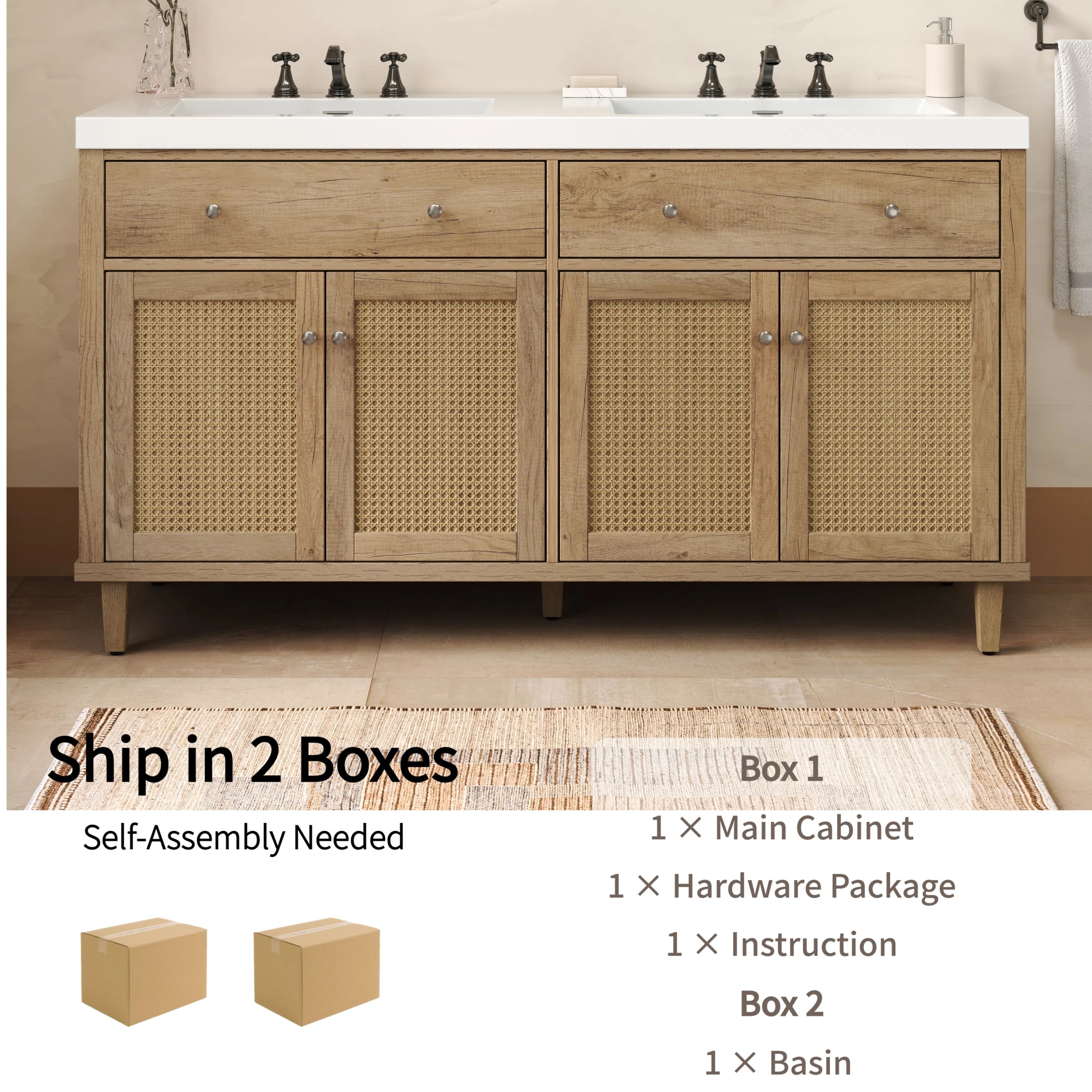 Christopher Knight Home 60" Bathroom Vanity with Double Sink, Large Storage, 2 Tip-Out Trays, 4 Soft-Close Doors, Wood
