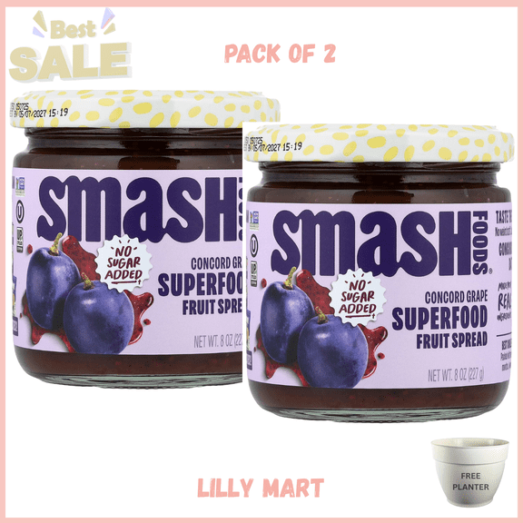 Smash Foods, Grape Jam, No Sugar Added, Low-Calorie, Vegan (1 Jar)