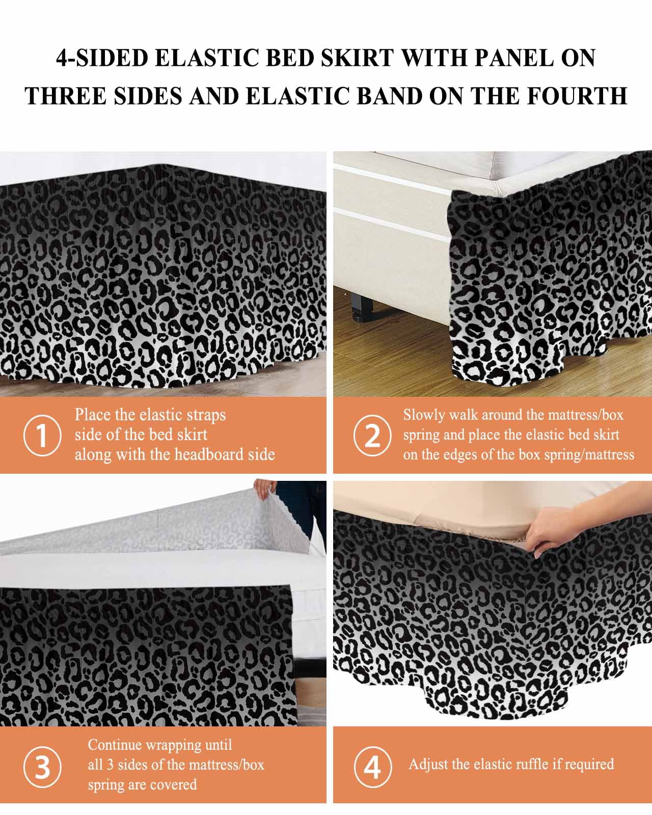 Ombre Leopard Bed Skirt King Size 16" Drop Print Black White Gradient Ruffled Wrap Around Bed Skirts Adjustable Elastic Bedskirt Dust Ruffle for King Size Bed