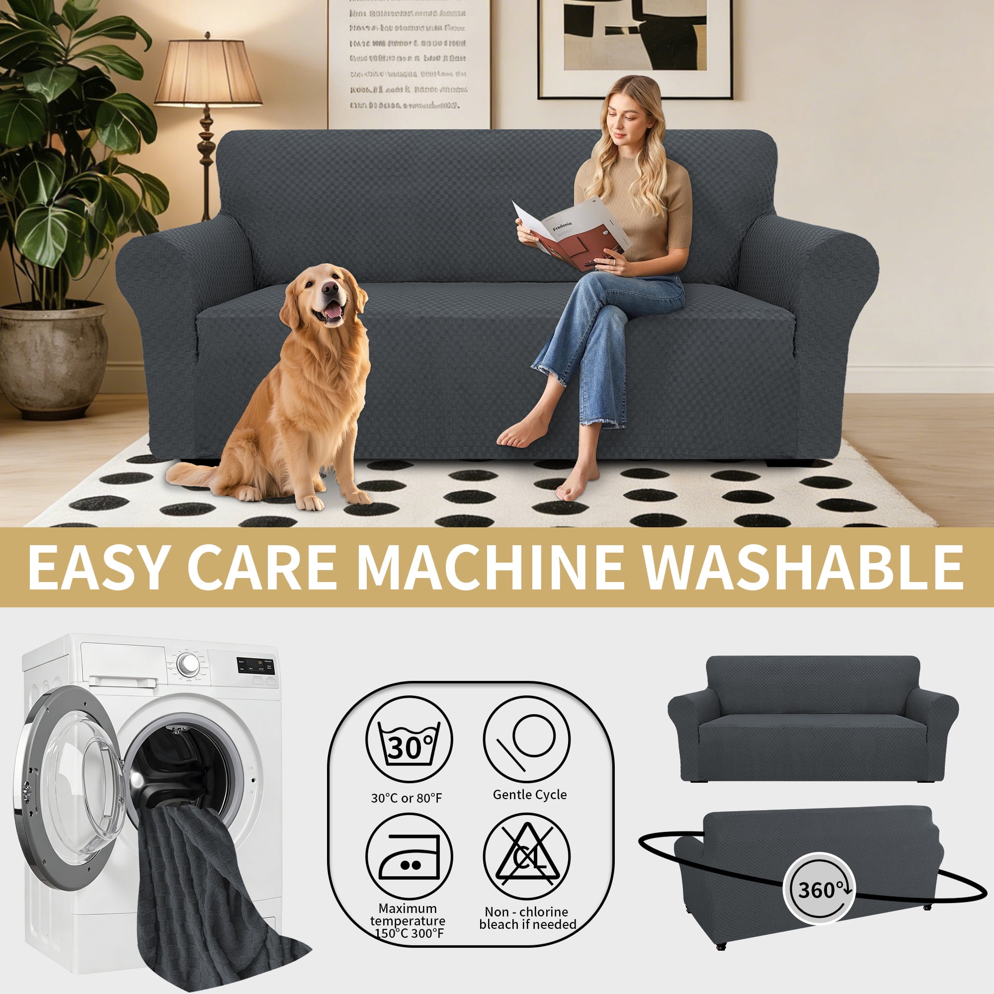 JIATER 1-Piece Sofa Cover Stretch Couch Cover Washable Sofa Slipcover Furniture Protector for Loveseat Sofa,Dark Gray