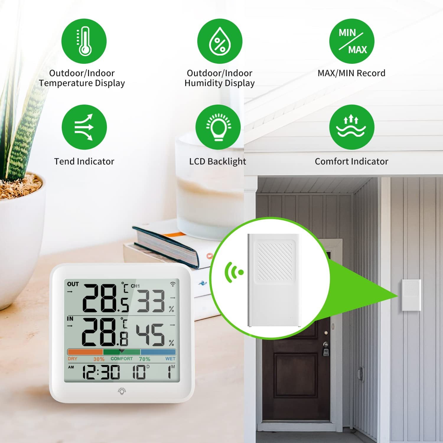 1PC Indoor Outdoor Thermometer, Digital Hygrometer Thermometer, 328ft/100m  Range Max Min Records Temperature and Humidity Gauge,Wireless Temperature  and Humidity Gauge Monitor with 1 Sensors, for Home, Office, Bedroom.