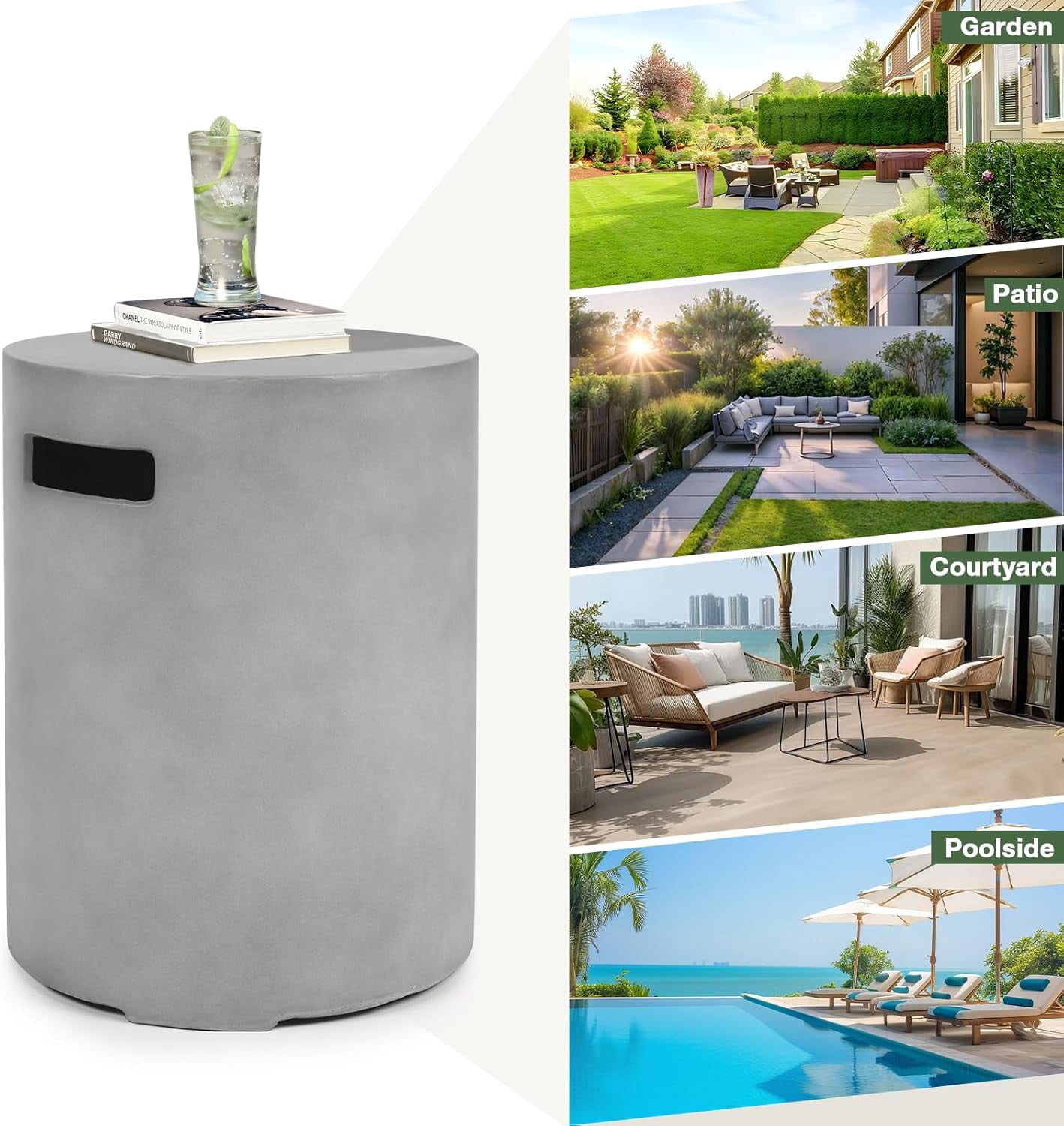 Propane Tank Cover Table 16"x16"x20"H Round Propane Tank Storage Hideaway Box for Gas Fire Pits, Gary Concrete Gas Tank Holder Outdoor Side Table for 20 Pound Gas Tank