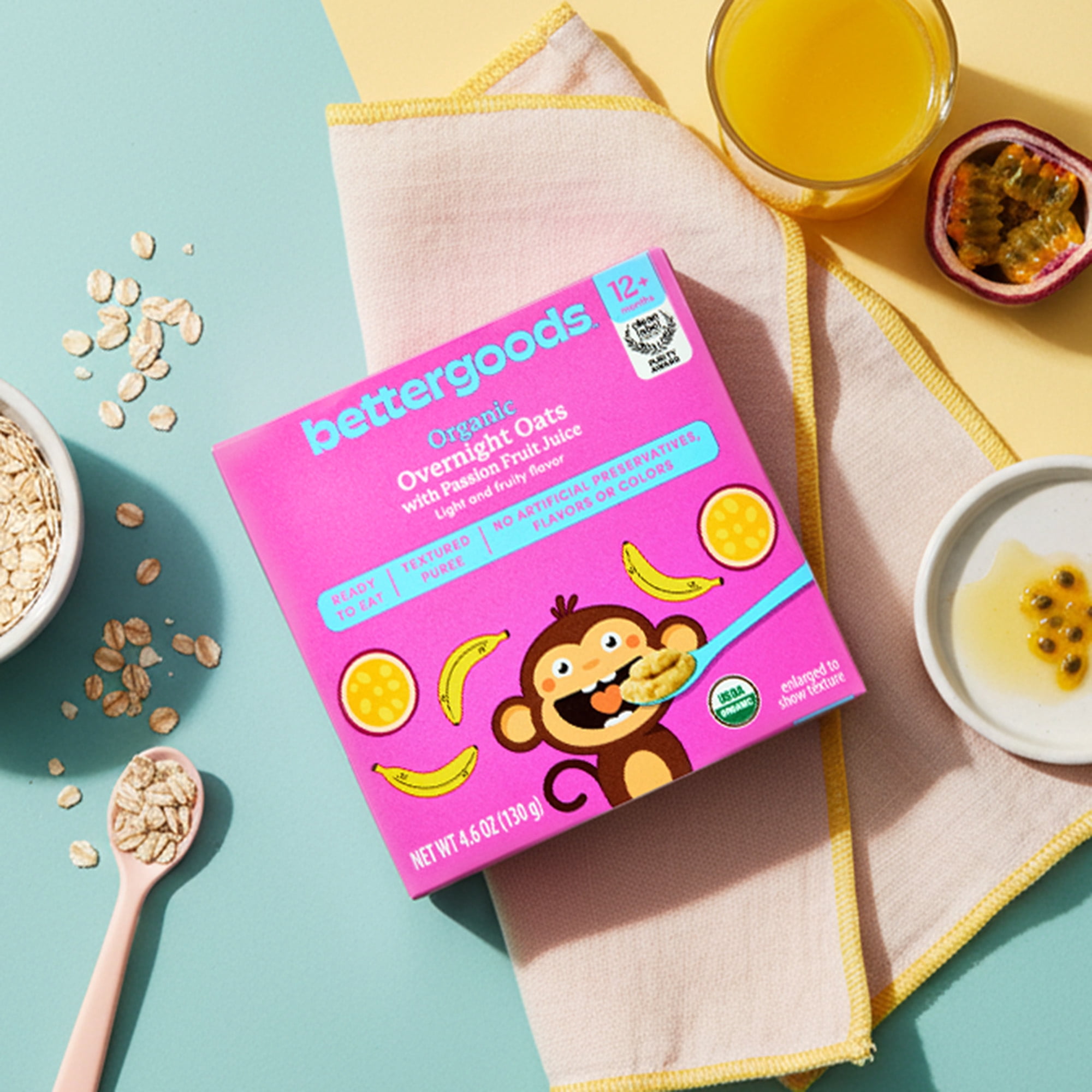 (6 pack) bettergoods Organic Stage 4 Baby Food Overnight Oats with Passion Fruit Juice, 4.6 oz Tub