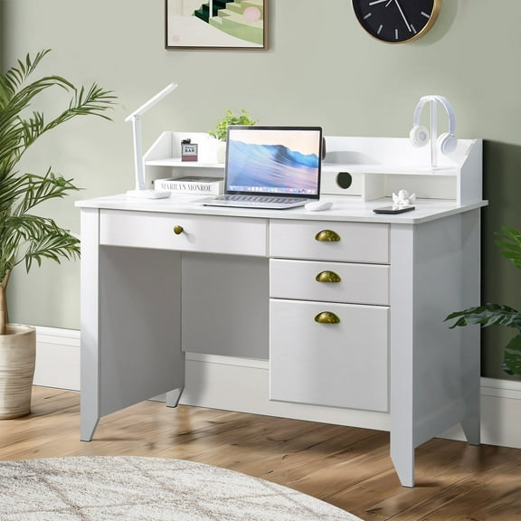 Catrimown Computer Desk with Drawers, 47.5 in White Desk with 4 Drawers, Home Office Desk with Monitor Stand, White