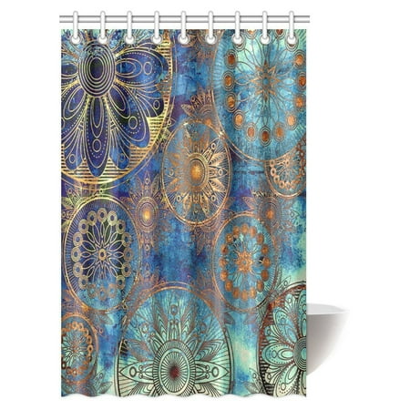 Blue And Gold Shower Curtain MYPOP Art Grunge Stylized Damask Pattern with Circles Floral Ornament in Blue, Orange and Gold Fabric Bathroom Shower Curtain Set with Hooks, 48 X 72 Inches ()