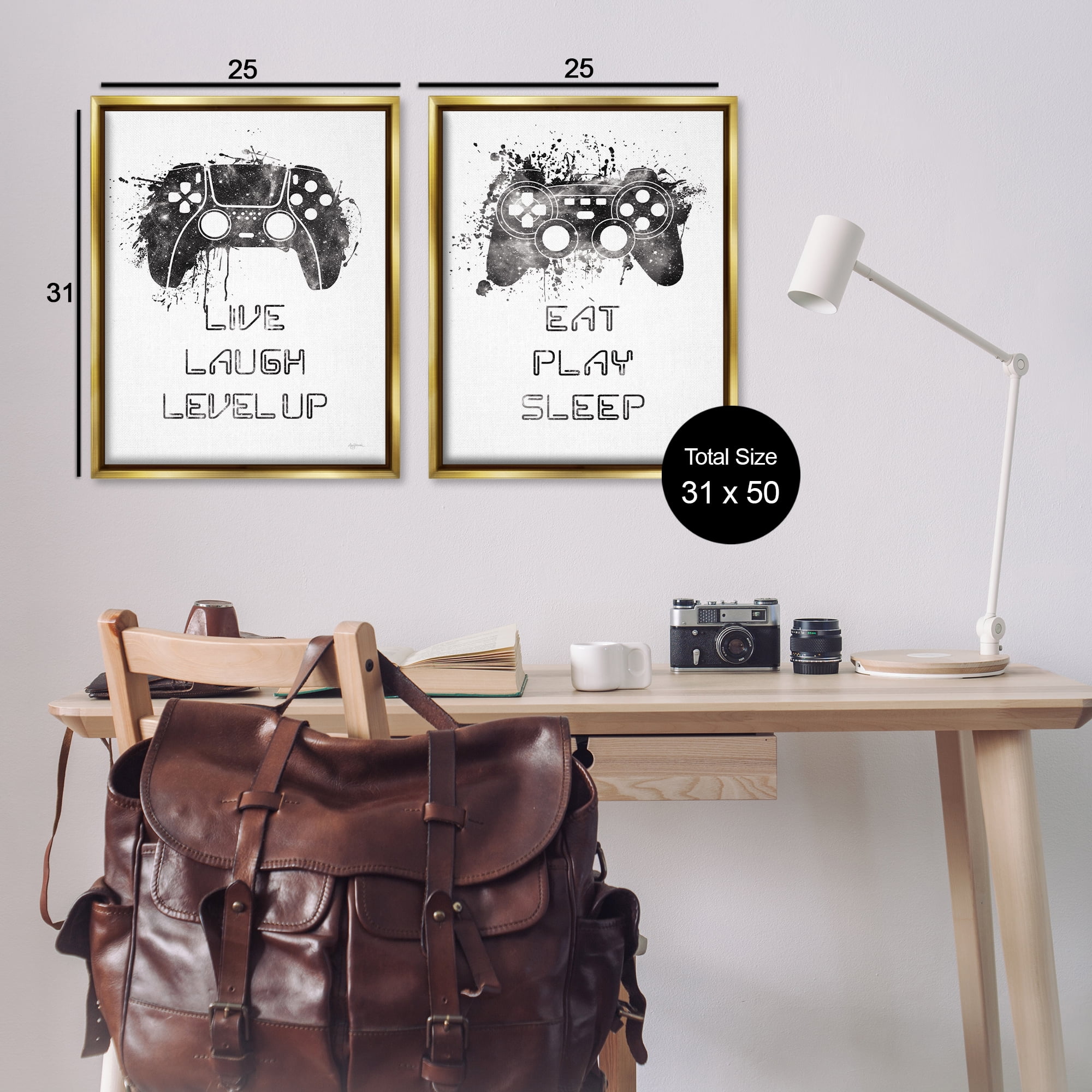 Stupell Industries Gamer Play Splash Controllers Text & Numbers Painting Gold Floater Framed Canvas Art Print Wall Art, 31 x 25, Set of 2