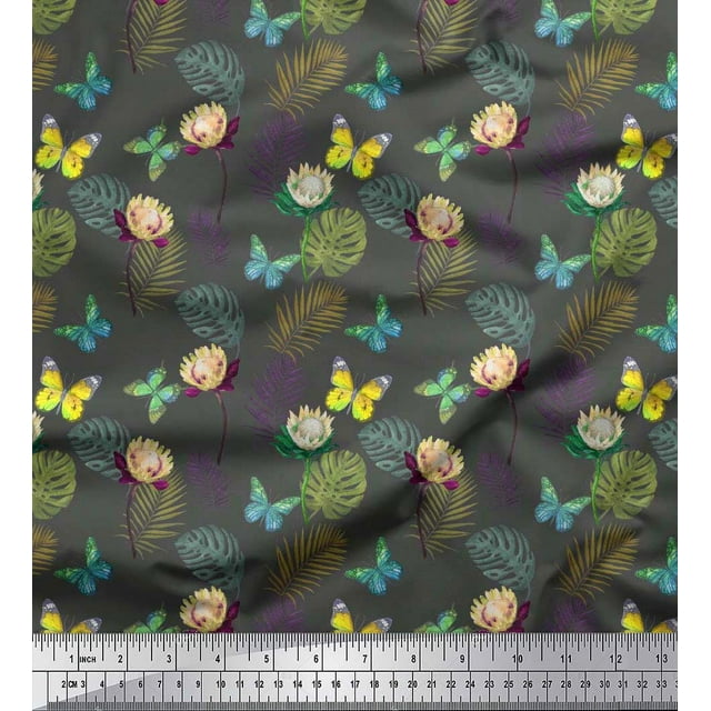 Soimoi Poly Georgette Fabric Tropical Leaves,Floral & Butterfly Print Fabric by The Yard 42 Inch Wide