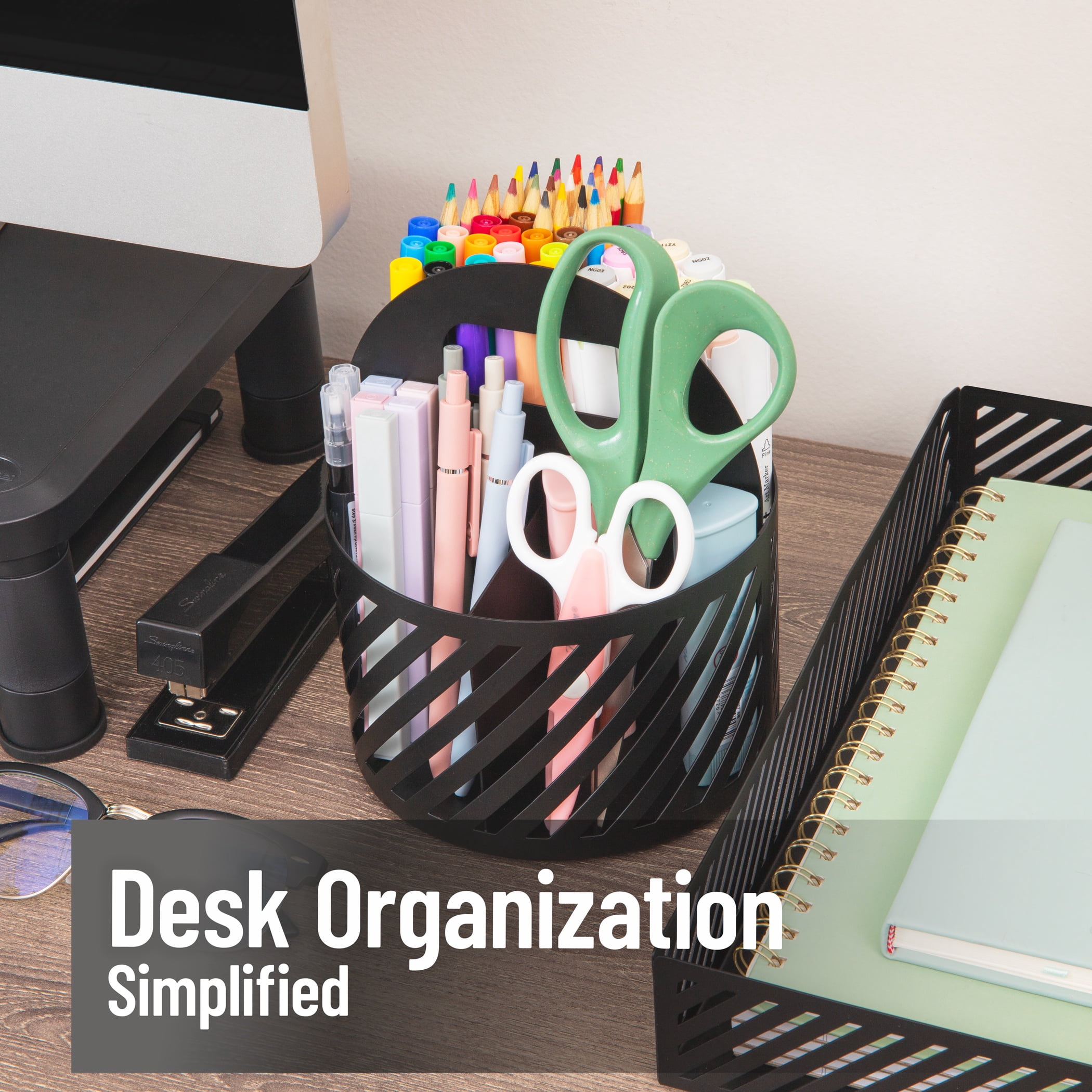Mind Reader Round Metal Desktop Carousel Organizer with Handle, Four Compartments, Office Supplies and Accessories, Metal, Black