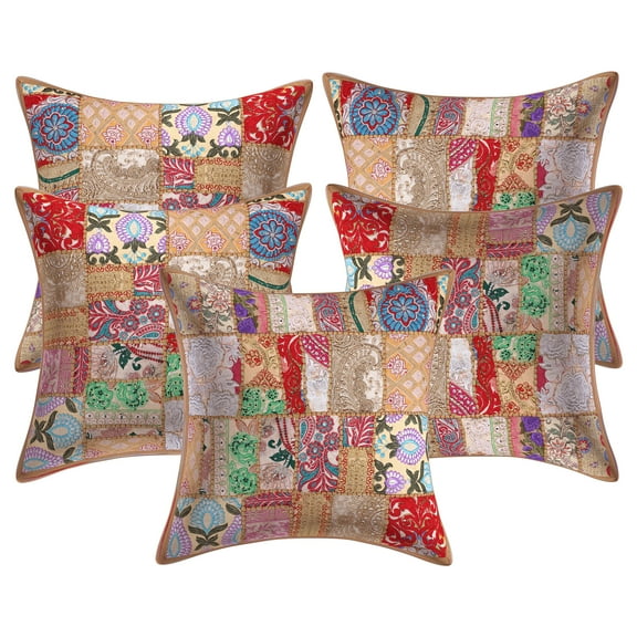 Stylo Culture Ethnic Cotton Living Room Throw Pillow Covers Khaki 20 x 20 Bohemian Vintage Patchwork Ethnic Sofa Cushion Covers 50x50 cm Decorative Abstract Square Pillow Cases | Set Of 5