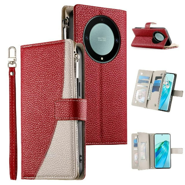 Funda cartera GANGXUN para Honor Magic 5 Lite , cuero PU con tarjetero, cremallera, correa de mano, soporte y protección 1415°