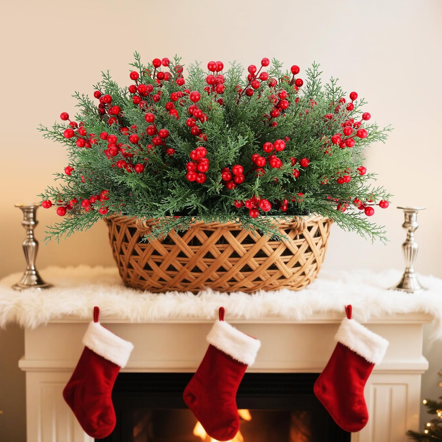 Minibee 8 Bundles Fake Pine Branch Christmas Flowers with Berries, Realistic Christmas Flowers Artificial for Holiday Home Styling