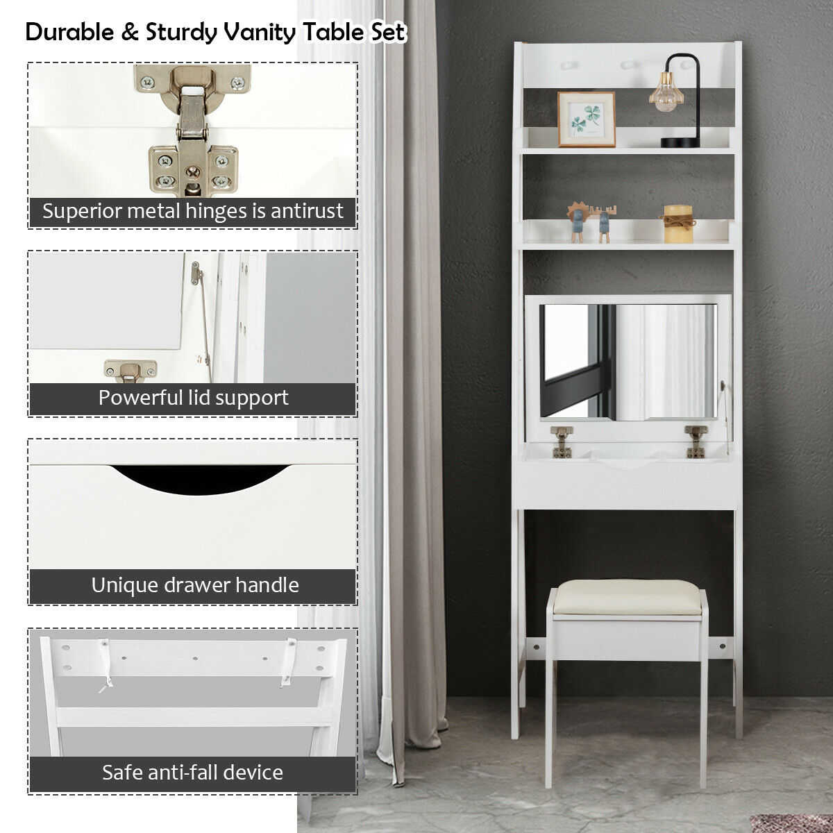 Gymax Makeup Dressing Table Vanity Set with Flip Top Mirror Hooks Shelves