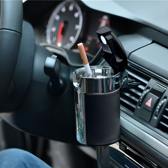 HIBIBUD Car Ashtray Carbon Fiber Car Ashtray With Led Portable And Practical Easy To Install Car Ashtray Black