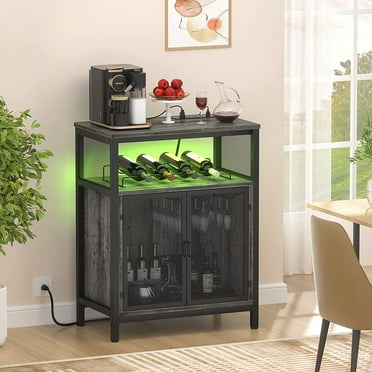 iSunirm Modern Wine Bar Cabinet with RGB LED Light & Power Outlet, Freestanding Wine Rack Table, Glass Holder, Floor Bar Cabinet for Kitchen, Dining Room, or Home Bar, Black Oak