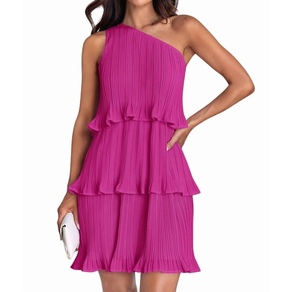 Women'S Summer Sleeveless Mini Dress Boho One Shoulder Ruffle Tiered Layered Flowy A Line Dresses M
