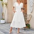 thumbnail image 5 of Aobny Sexy Dresses for Women Going Out White Cotton Tummy Control A-Line Eyelet Midi Short Sleeve Beach Vacation Dresses, 5 of 5