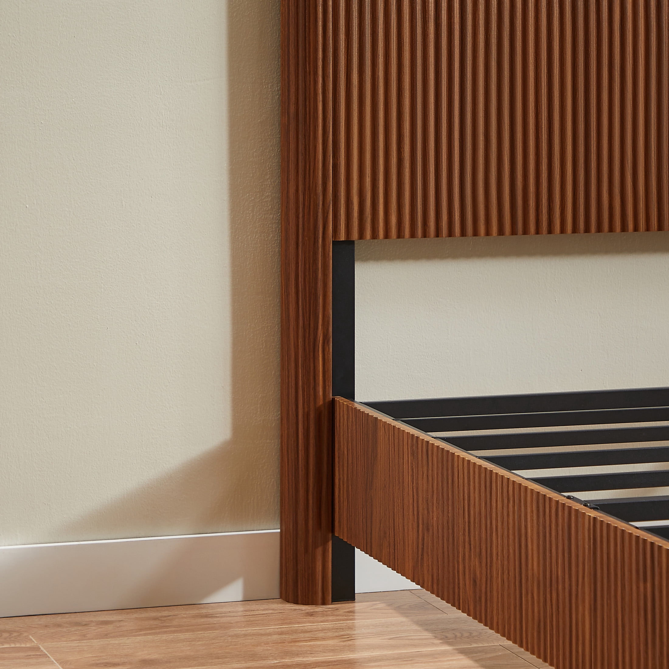 Noble House Solley Full Platform Bed, Rustic Curved Wooden with Corrugated Accents, Heavy-Duty Frame, Walnut