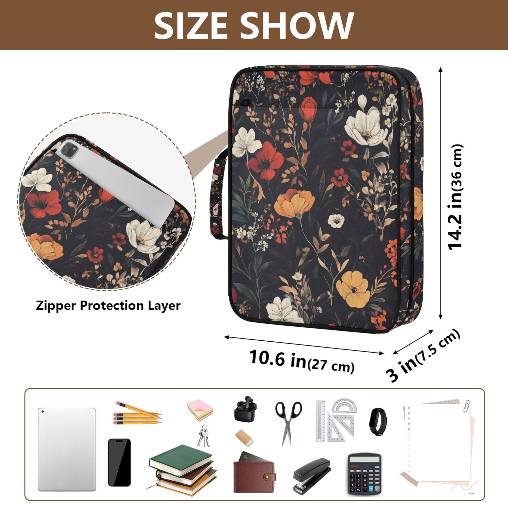 FORMRS Accordion File Folder A4 Size 7-Pocket Expanding Document Organizer Bag with 3 Ring Binder, Black Floral Pattern