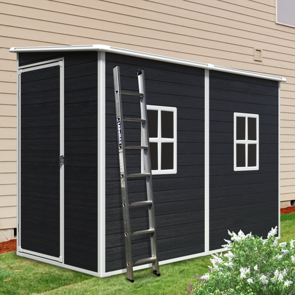 4 x 8 FT Resin Outdoor Storage Shed with Floor, Weatherproof Resin Tool Shed with Lockable Door & 2 Windows, Easy Assembly for Garden, Backyard, Lawn Equipment, Black
