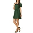 thumbnail image 4 of INSPIRE CHIC Women's Contrast Peter Pan Collar Puff Sleeve Fit and Flare Above Knee Dress S Dark Green, 4 of 5