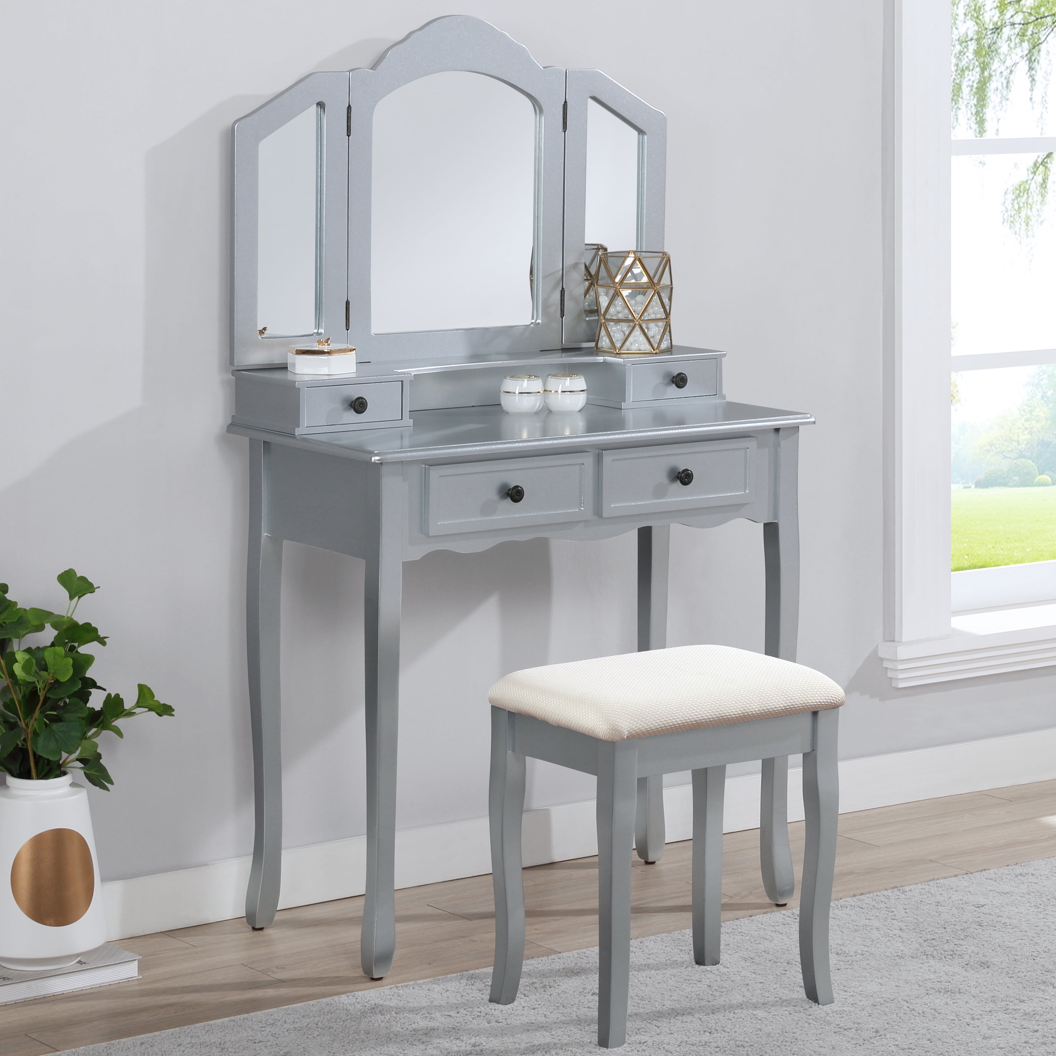Roundhill Furniture Sanlo Silver Wooden Vanity, Make Up Table and Stool