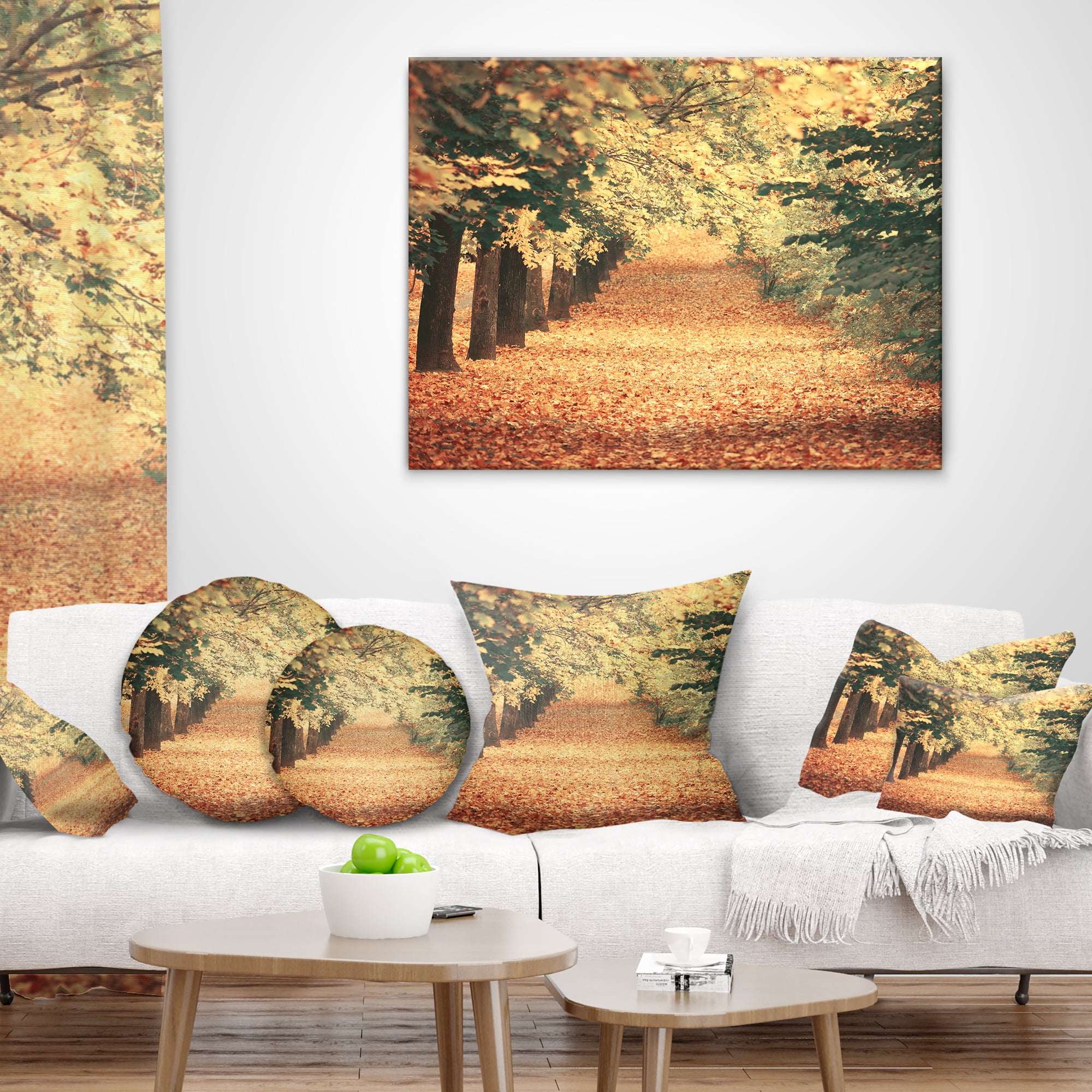 Designart Autumn Forest with Walking Path - Modern Forest Throw Pillow - 16x16