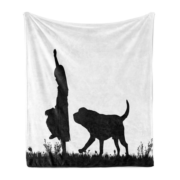 Labrador Soft Flannel Fleece Throw Blanket, Silhouette of Little Girl with Dog Walking in the Park Pet Care Love Theme, Cozy Plush for Indoor and Outdoor Use, 60" x 80", Black and White, by Ambesonne