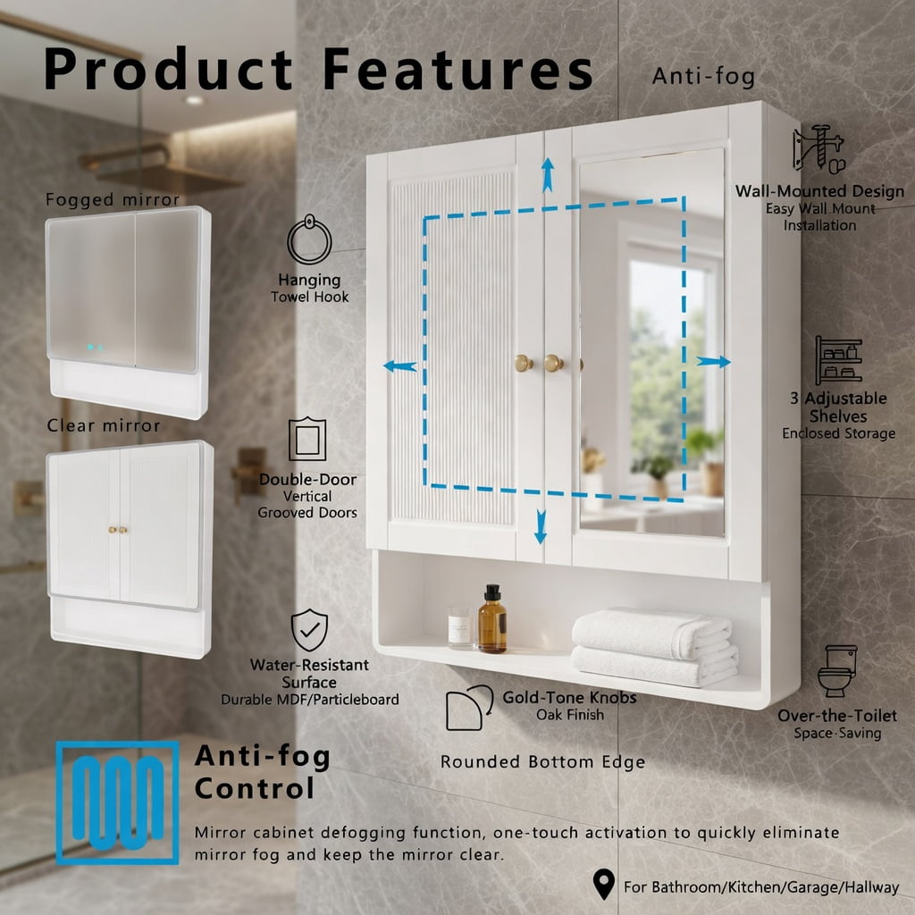 Hommoo Modern LED Bathroom Medicine Cabinet with Anti-Fog Mirror, Soft White Lighting & Wall-Mounted Aluminum-Plastic Storage, Two-Door, White